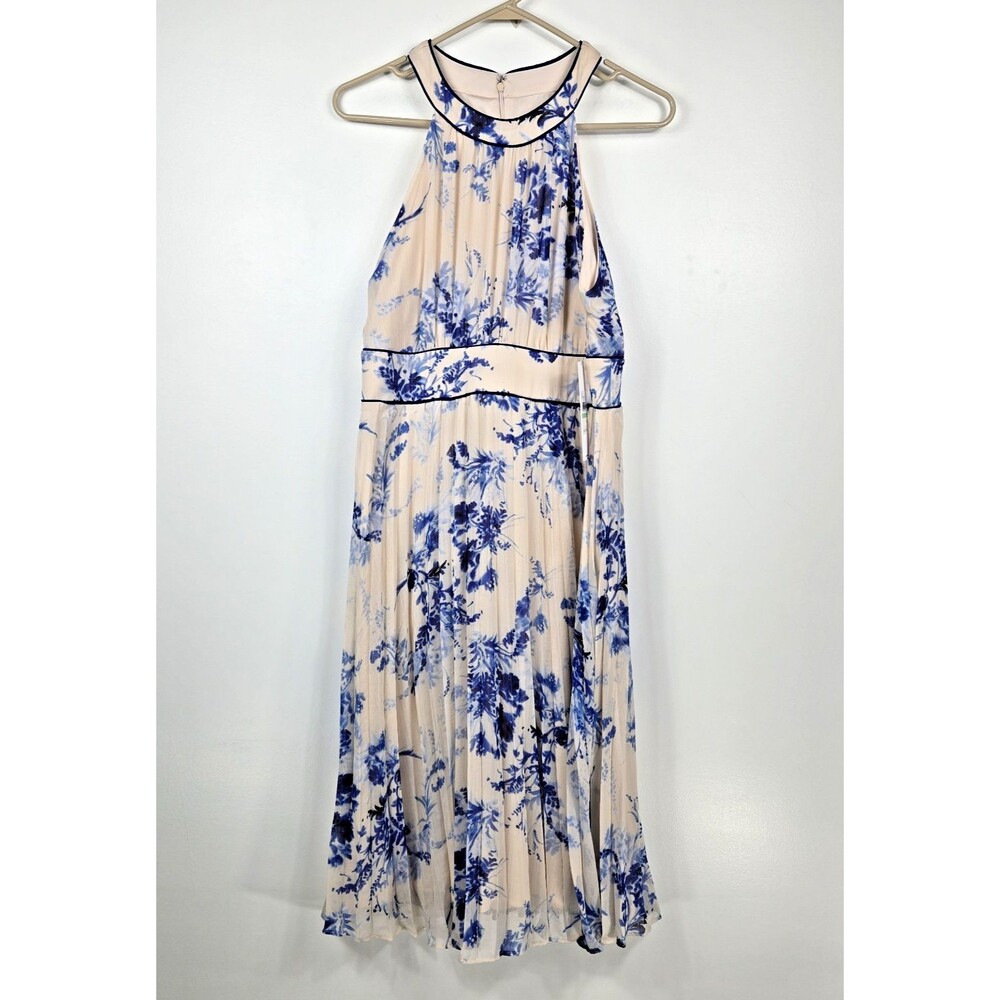 Calvin Klein Women's Size 8 Blue Cream Accordion Halter Style Midi Dress NWT